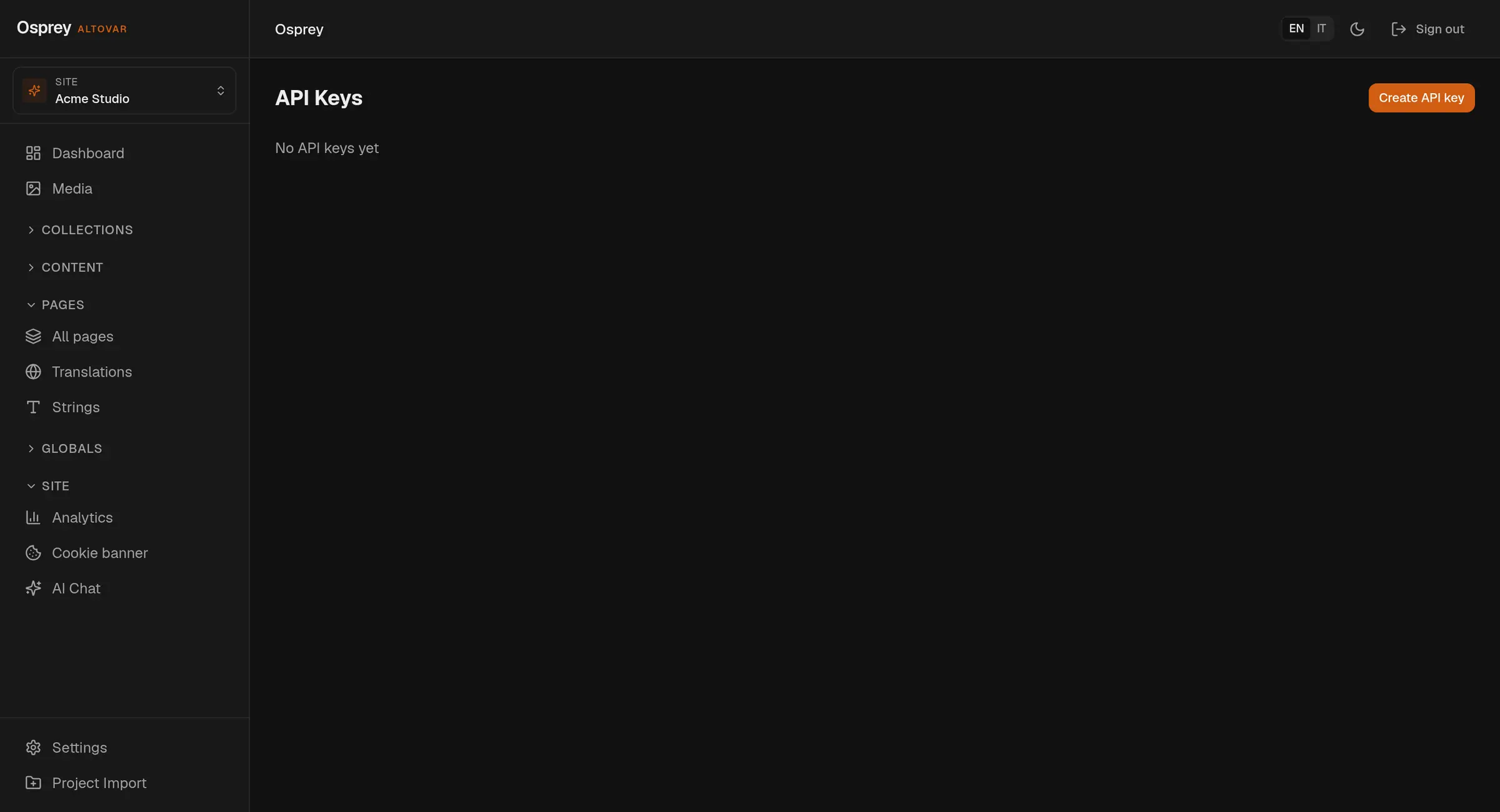 The API keys settings: one key labelled Default, its preview reduced to the last four characters, with the read-only flag and the creation date.