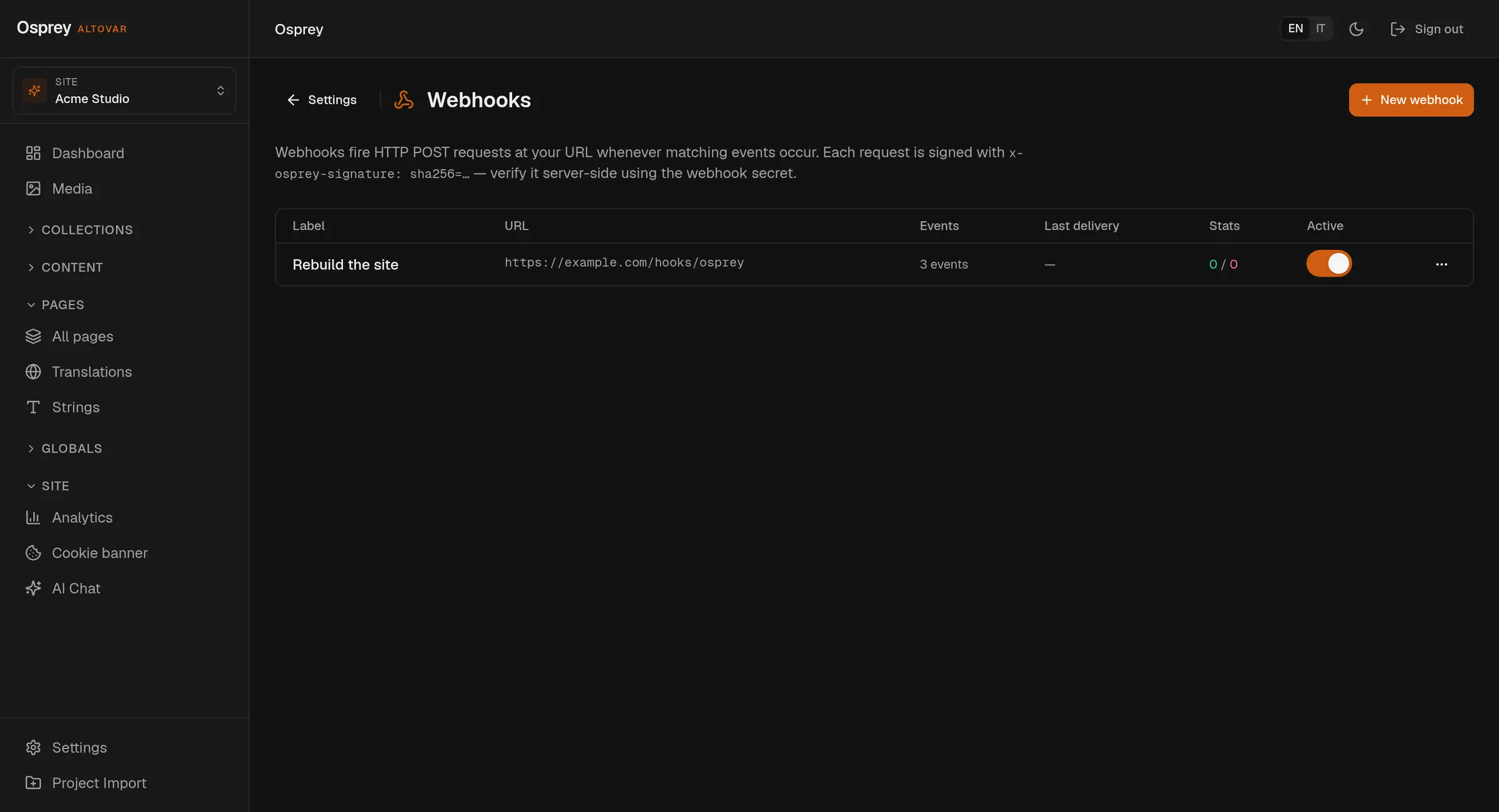 The webhooks settings: one endpoint named Rebuild the site, active, subscribed to document and page publish events.