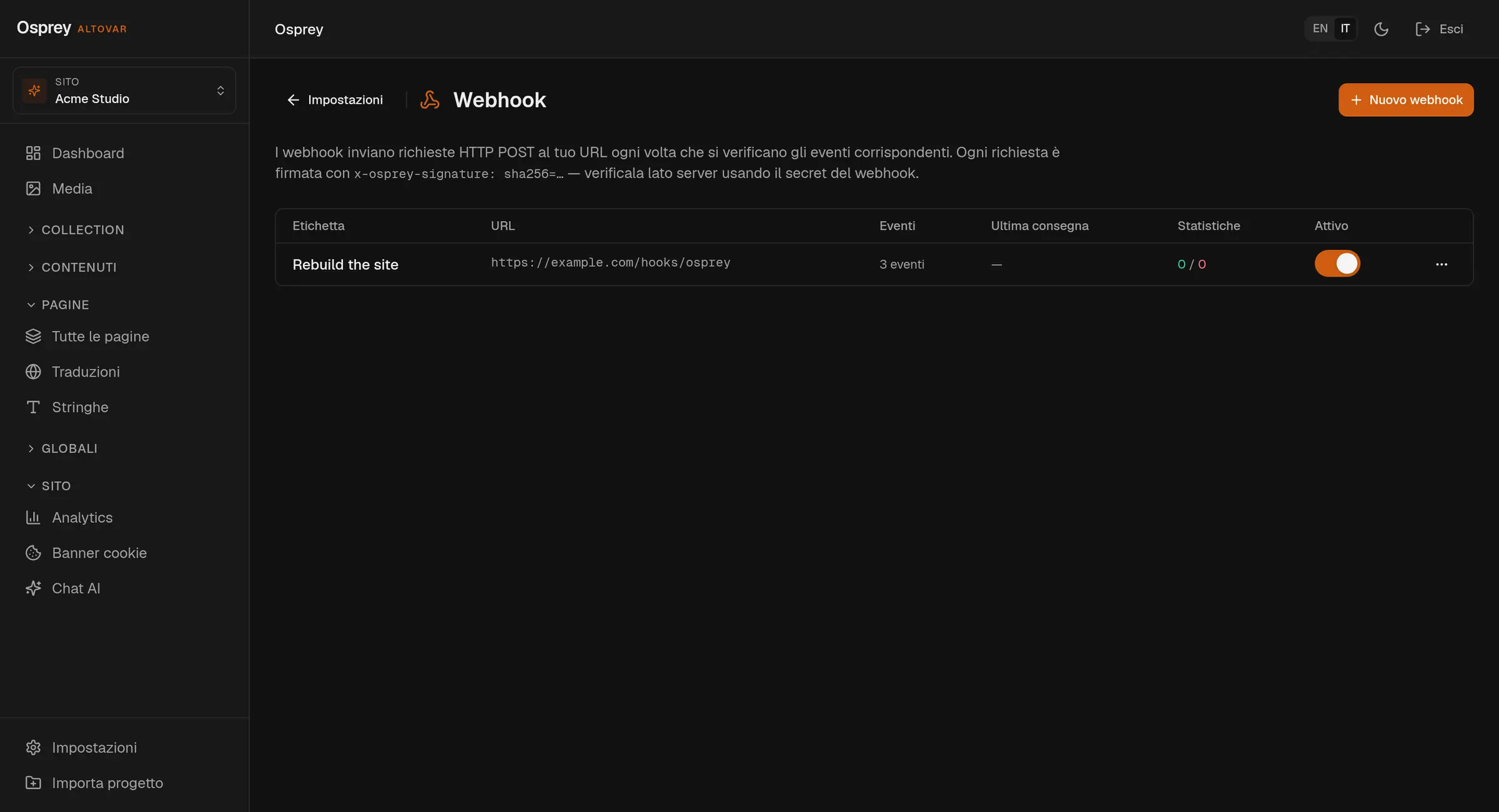 Le impostazioni dei webhook: un endpoint chiamato Rebuild the site, attivo, iscritto agli eventi di pubblicazione di documenti e pagine.