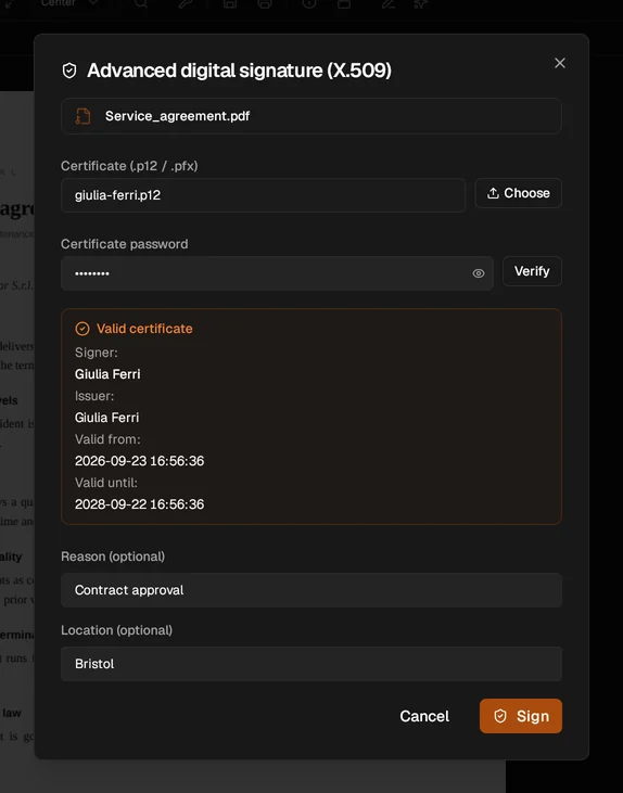 Sigil's signing dialog: a certificate file chosen, a valid certificate with signer and dates, reason and location fields, and a Sign button.