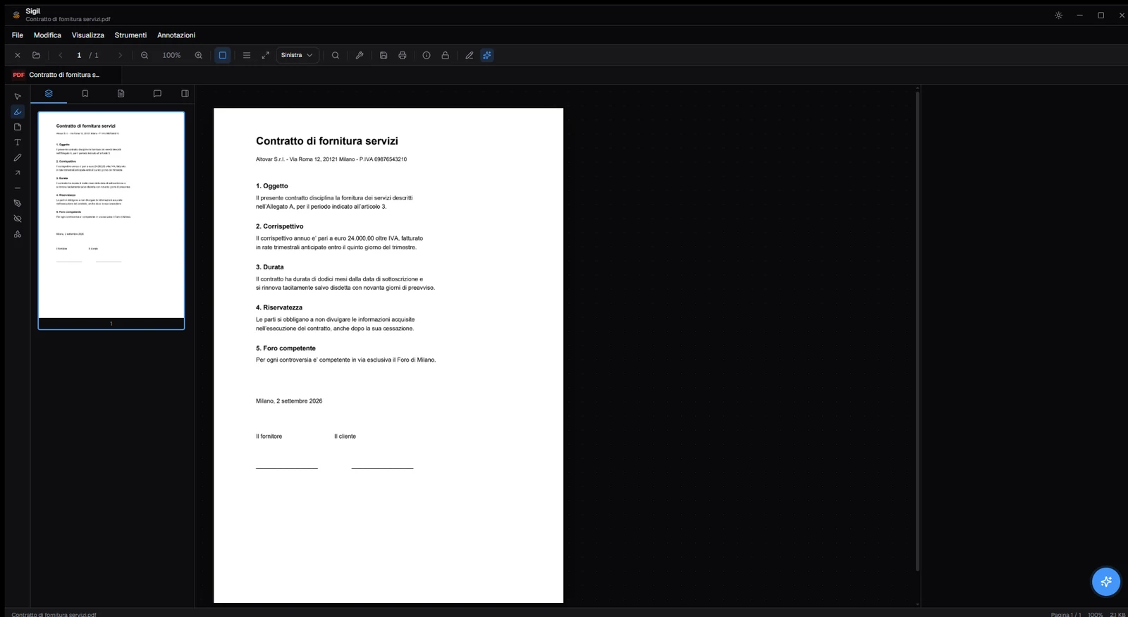 L'editor di Sigil con un contratto aperto, la barra delle anteprime di pagina e gli strumenti di annotazione
