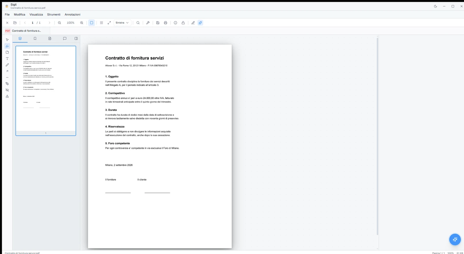 L'editor di Sigil con un contratto aperto, la barra delle anteprime di pagina e gli strumenti di annotazione