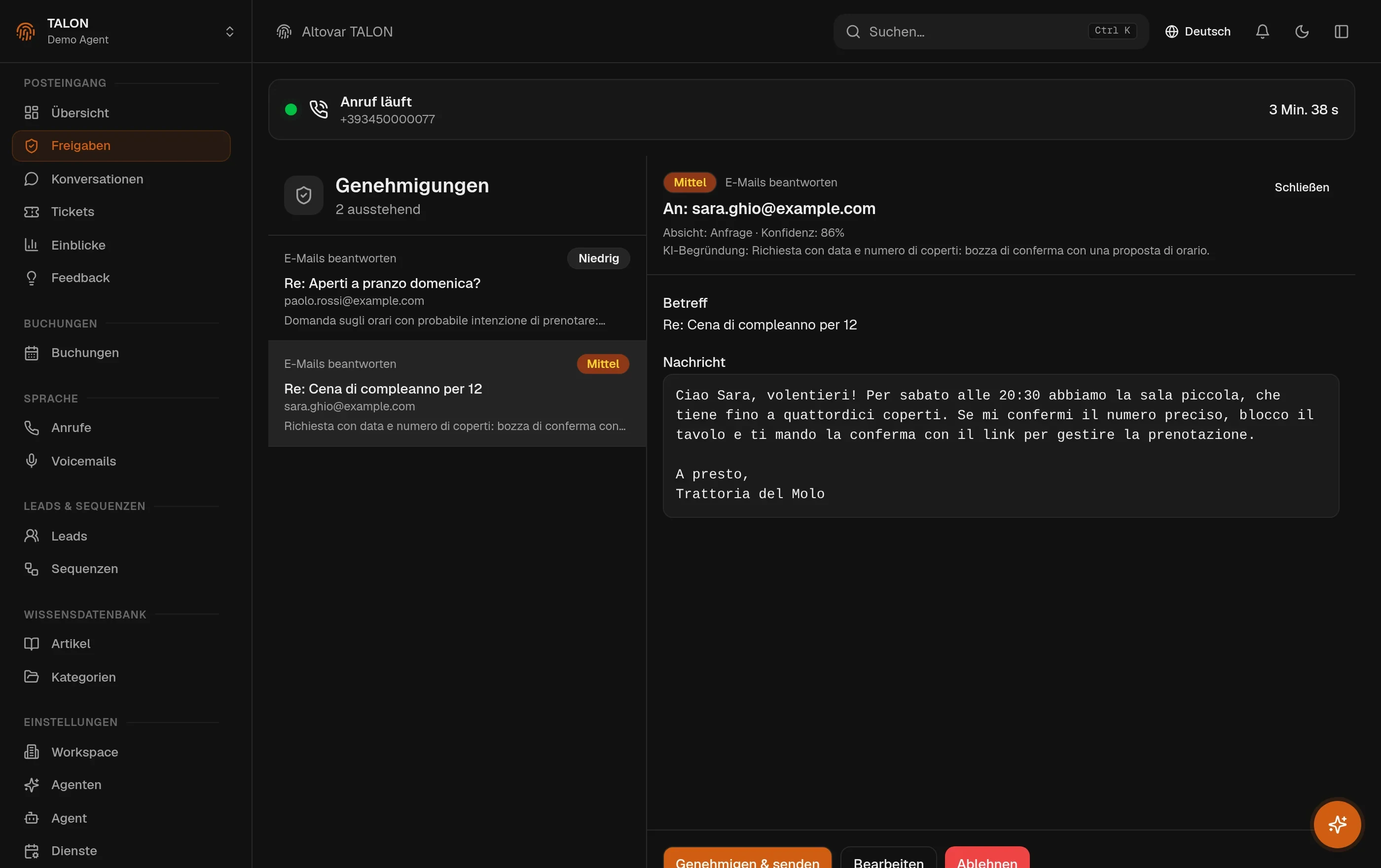Die Freigabe-Warteschlange in der TALON-Konsole: zwei wartende E-Mail-Entwürfe, der ausgewählte geöffnet mit Empfänger, Absicht und Konfidenz der KI, Betreff und entworfener Nachricht.