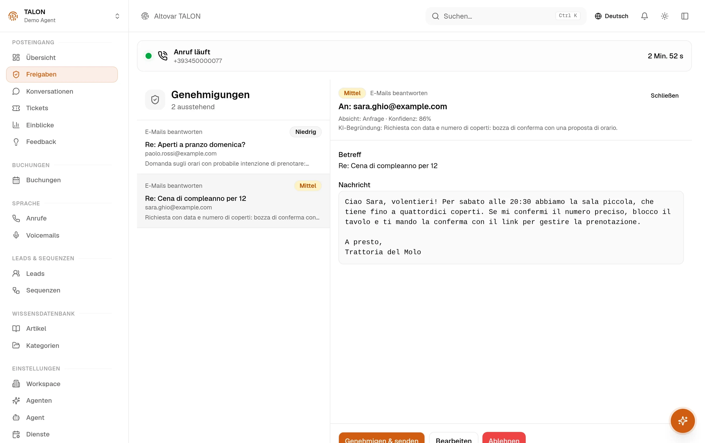 Die Freigabe-Warteschlange in der TALON-Konsole: zwei wartende E-Mail-Entwürfe, der ausgewählte geöffnet mit Empfänger, Absicht und Konfidenz der KI, Betreff und entworfener Nachricht.