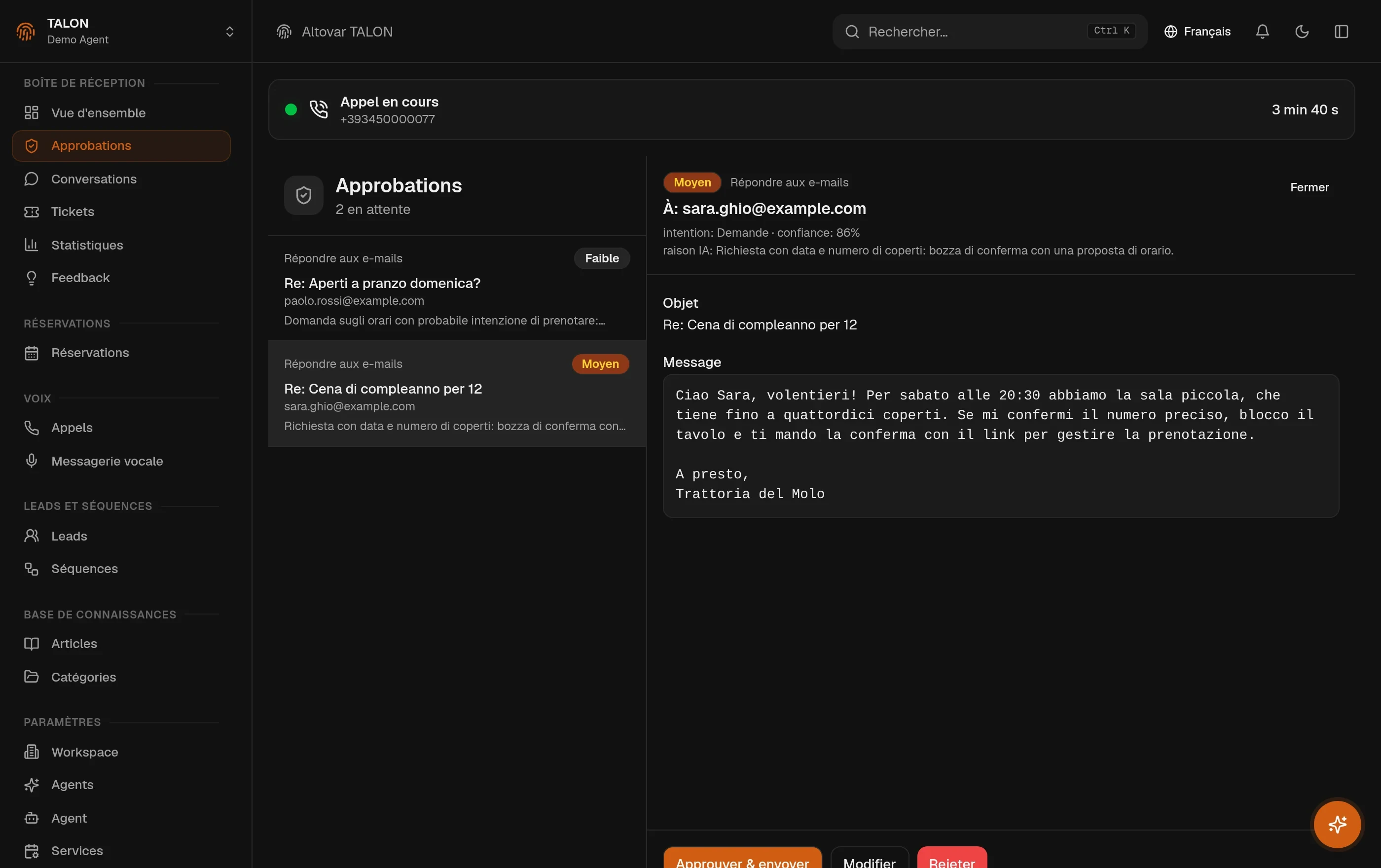 La file d’approbation dans la console TALON : deux brouillons d’email en attente, et celui sélectionné ouvert avec le destinataire, l’intention et la confiance de l’IA, l’objet et le message rédigé.