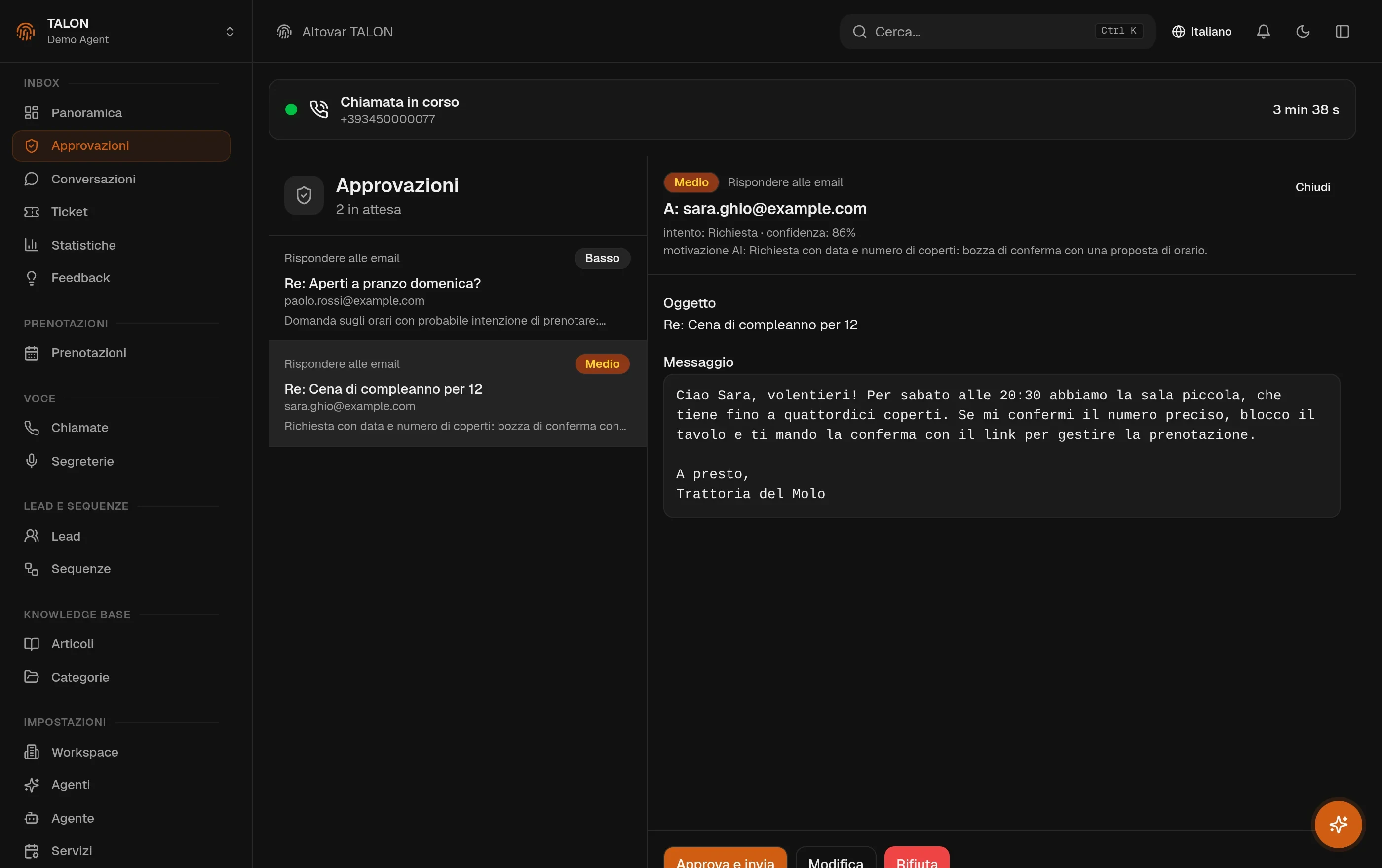 La coda delle approvazioni nella console TALON: due bozze email in attesa, e quella selezionata aperta con destinatario, intenzione e confidenza dell’AI, oggetto e messaggio proposto.
