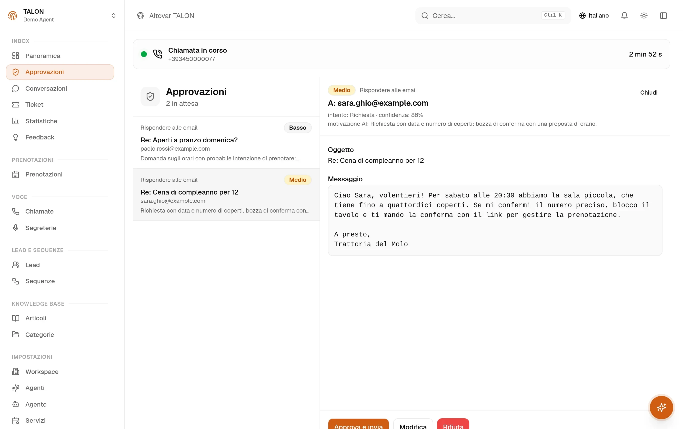 La coda delle approvazioni nella console TALON: due bozze email in attesa, e quella selezionata aperta con destinatario, intenzione e confidenza dell’AI, oggetto e messaggio proposto.