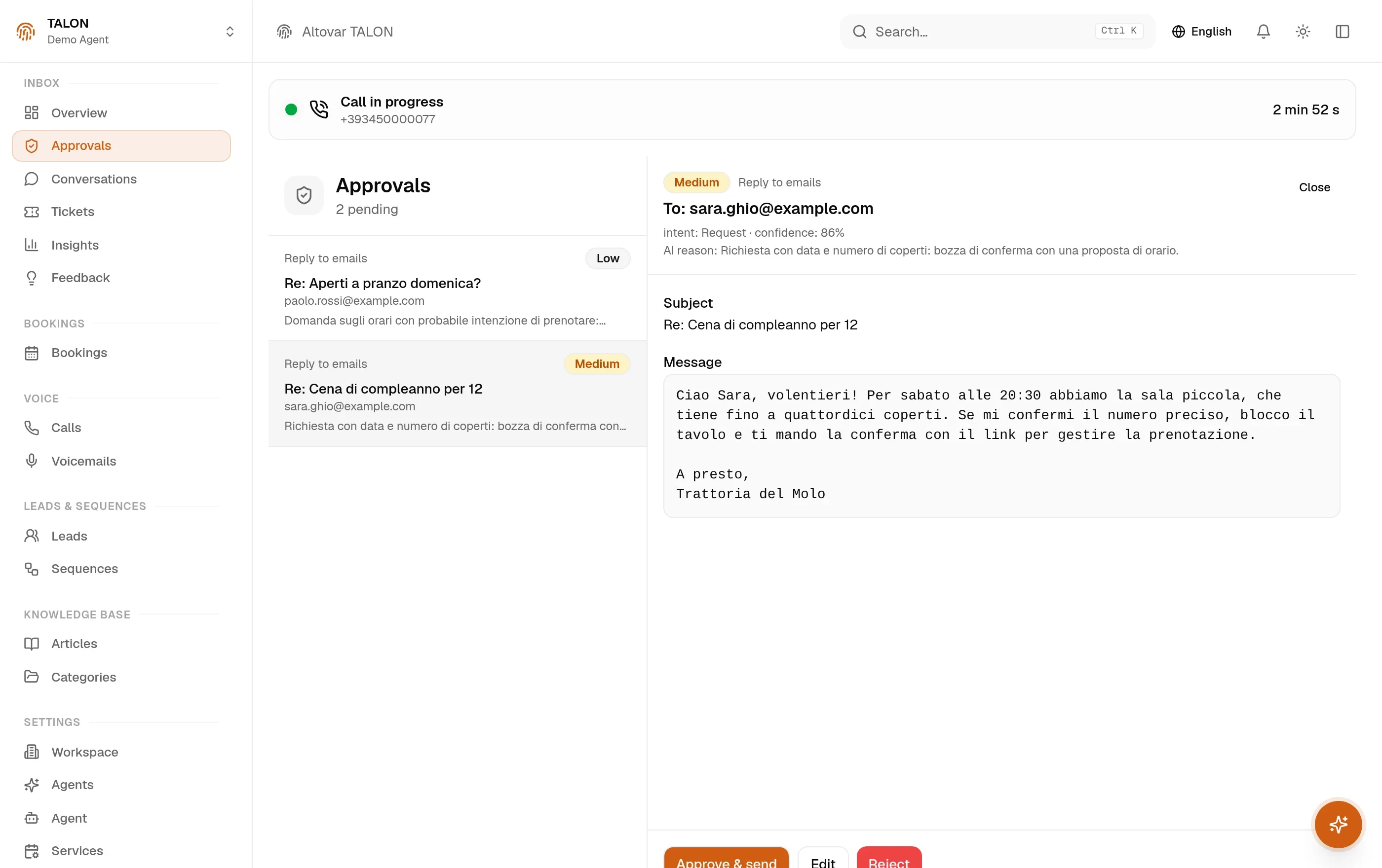 Coada de aprobări din consola TALON: două ciorne de email în așteptare, iar cea selectată deschisă cu destinatarul, intenția și încrederea AI-ului, subiectul și mesajul propus.