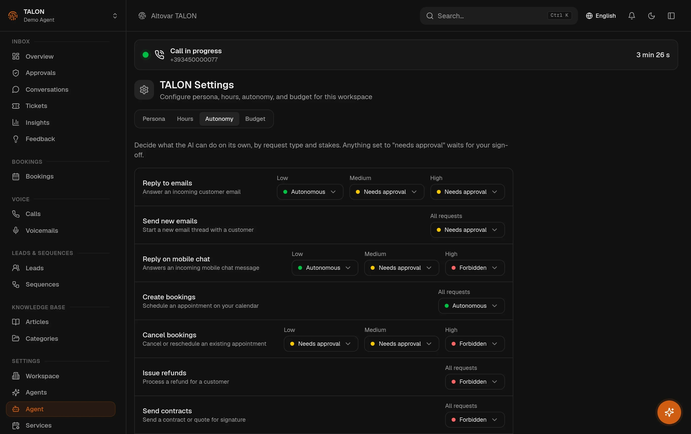 The autonomy matrix in TALON settings: rows for replying to emails, sending new emails, replying on mobile chat, creating bookings and cancelling bookings, each with a verdict — autonomous, needs approval or forbidden — per level of stakes.