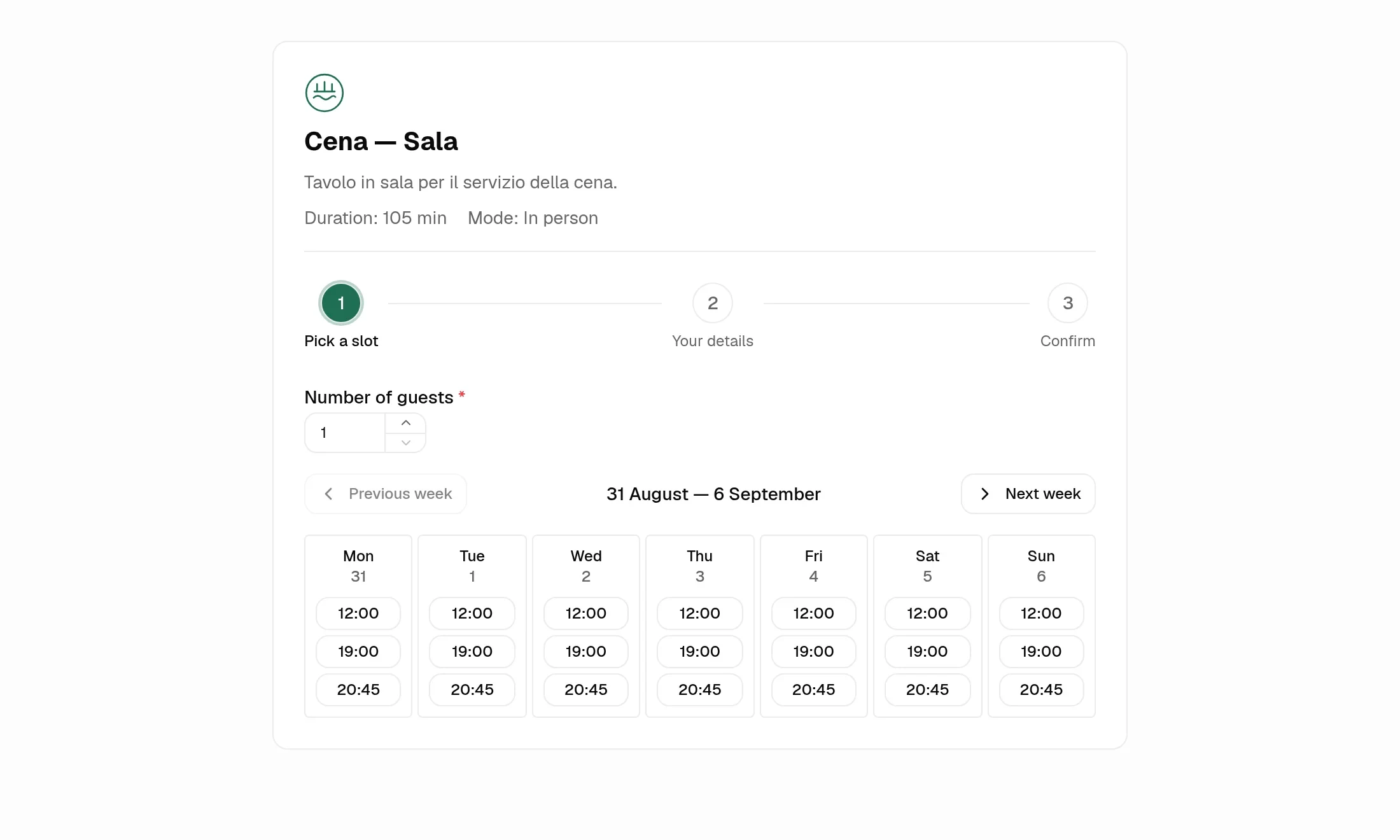 The public booking page of a demo workspace: the workspace logo, the service header, a three-step wizard and a week of available time slots, in the workspace’s brand colour.