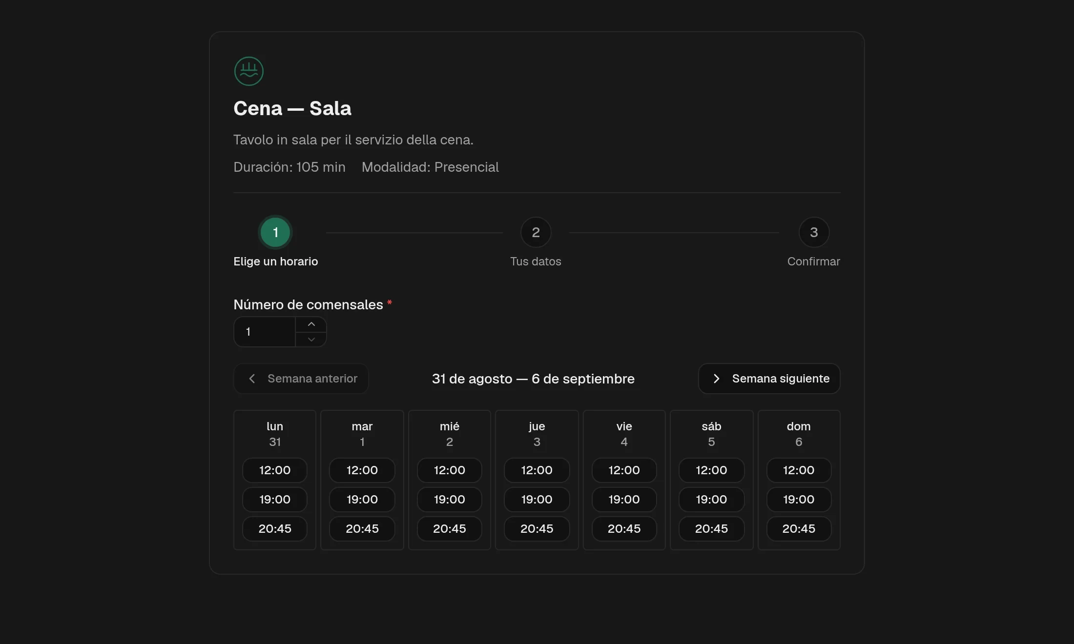 La página pública de reserva de un espacio de trabajo demo: el logo del espacio, la cabecera del servicio, un recorrido en tres pasos y una semana de horarios disponibles, en el color de marca del espacio.