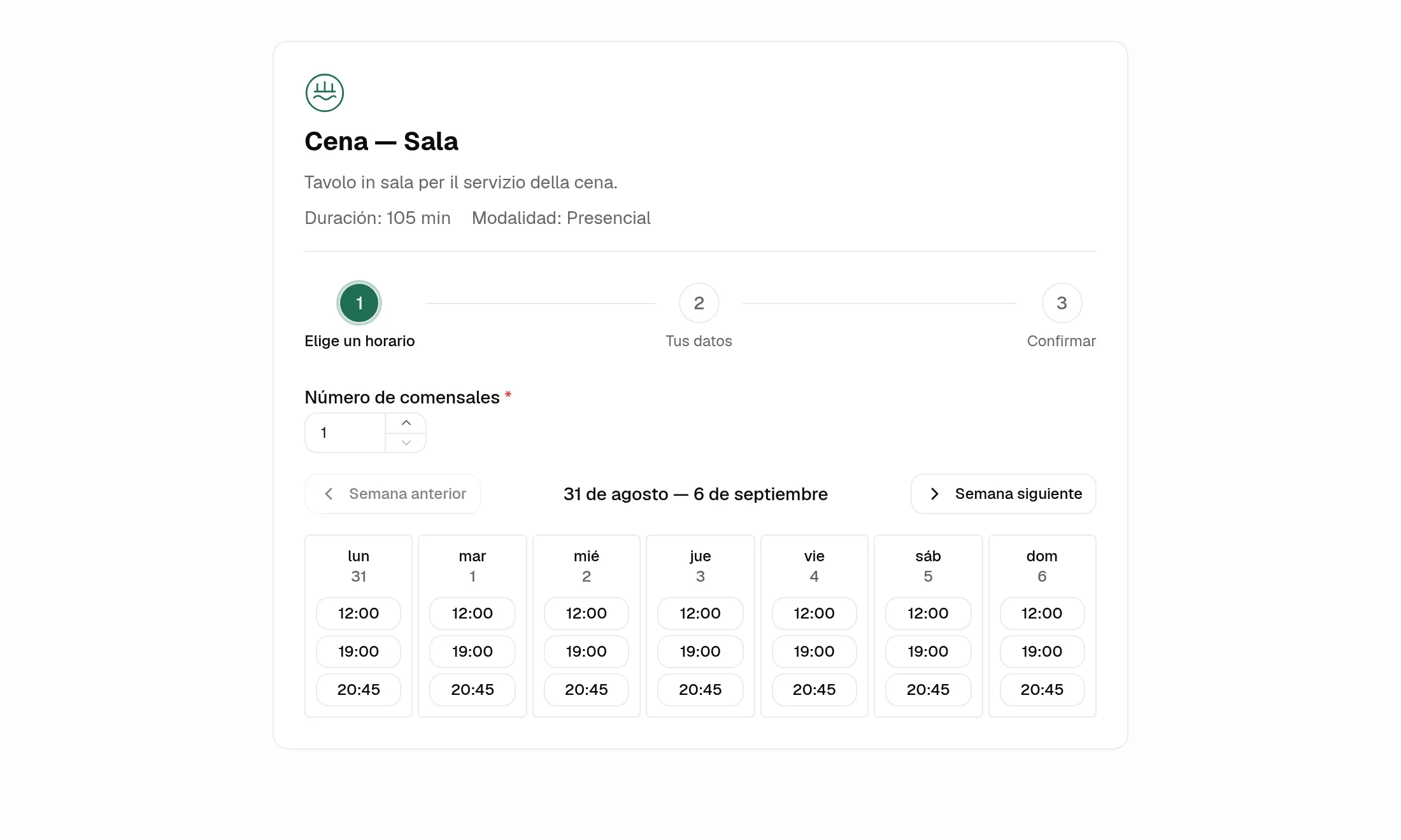 La página pública de reserva de un espacio de trabajo demo: el logo del espacio, la cabecera del servicio, un recorrido en tres pasos y una semana de horarios disponibles, en el color de marca del espacio.