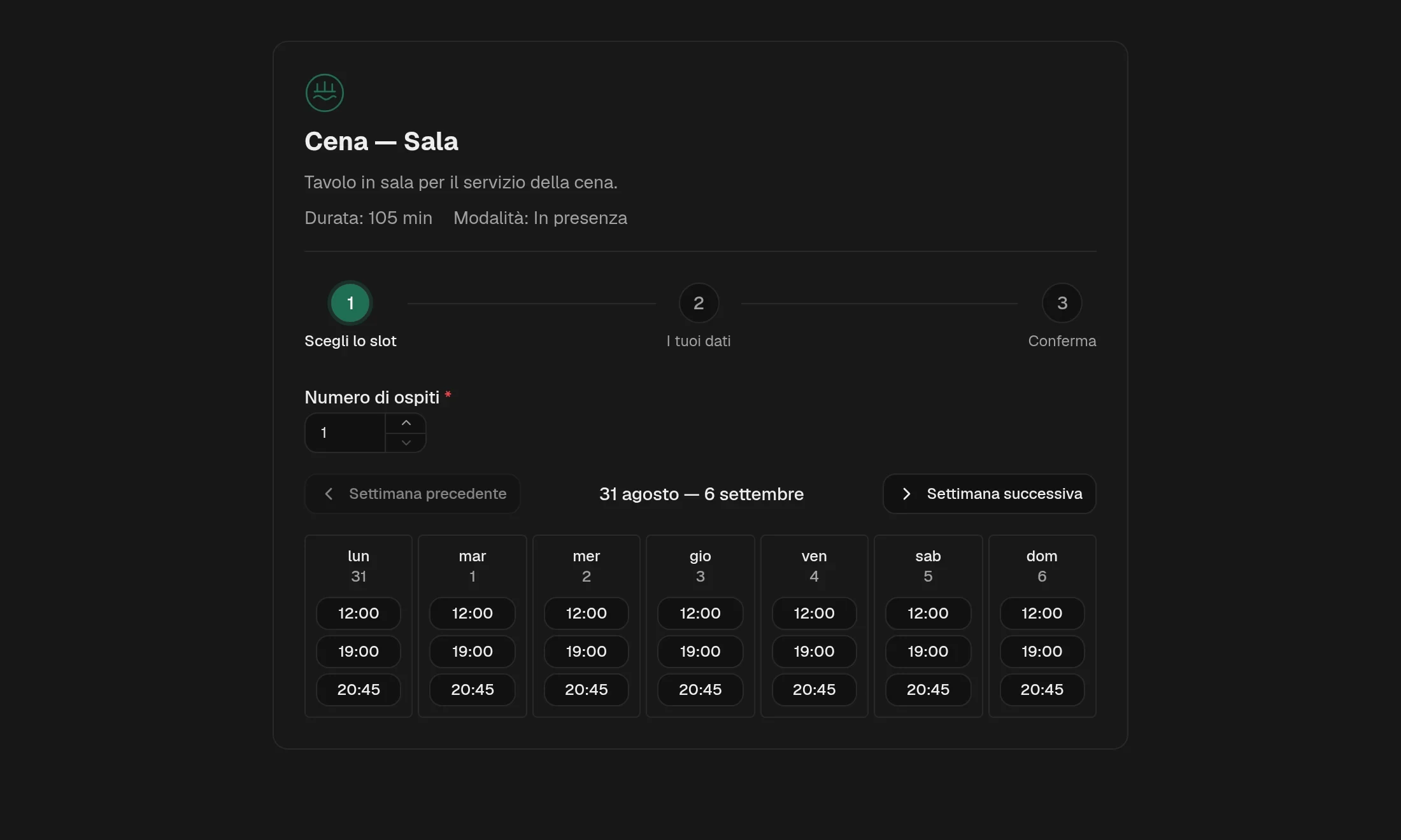 La pagina pubblica di prenotazione di uno spazio demo: il logo dell’attività, l’intestazione del servizio, il percorso in tre passi e una settimana di orari disponibili, nel colore del suo marchio.