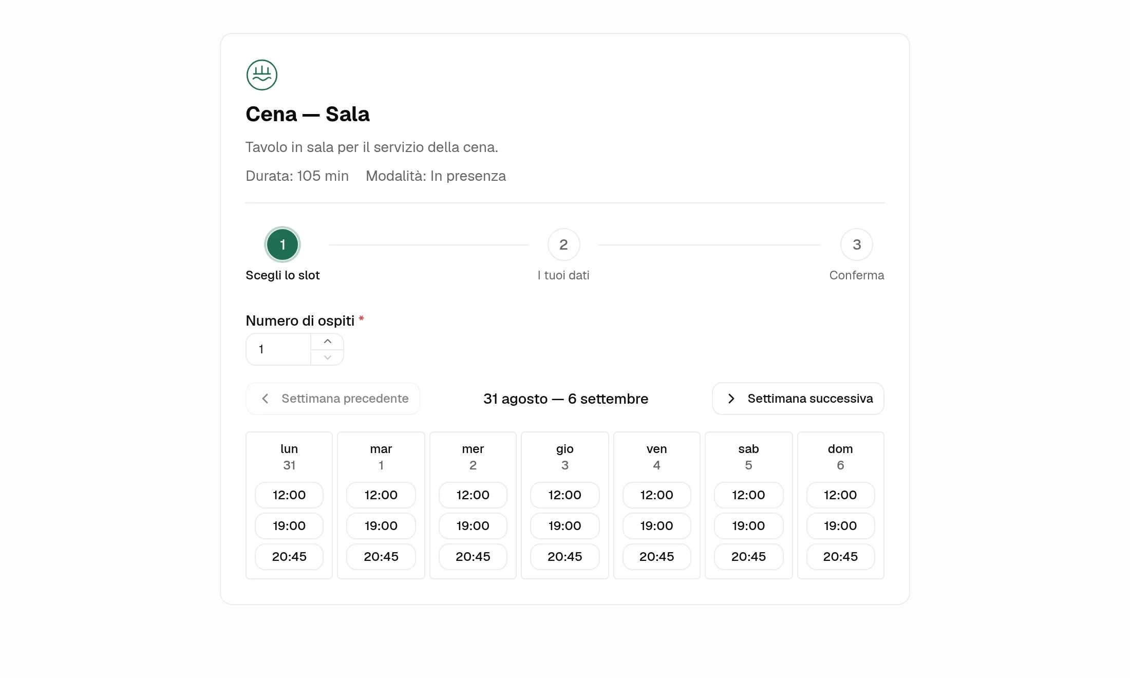 La pagina pubblica di prenotazione di uno spazio demo: il logo dell’attività, l’intestazione del servizio, il percorso in tre passi e una settimana di orari disponibili, nel colore del suo marchio.