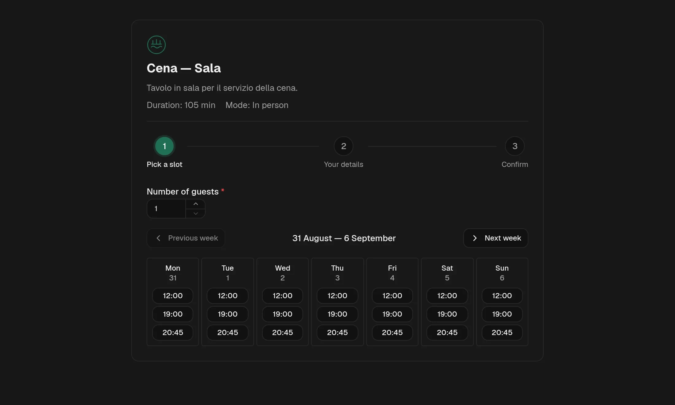 A página pública de reservas de um espaço de trabalho de demonstração: o logótipo do espaço, o cabeçalho do serviço, um percurso em três passos e uma semana de horários disponíveis, na cor da marca do espaço.