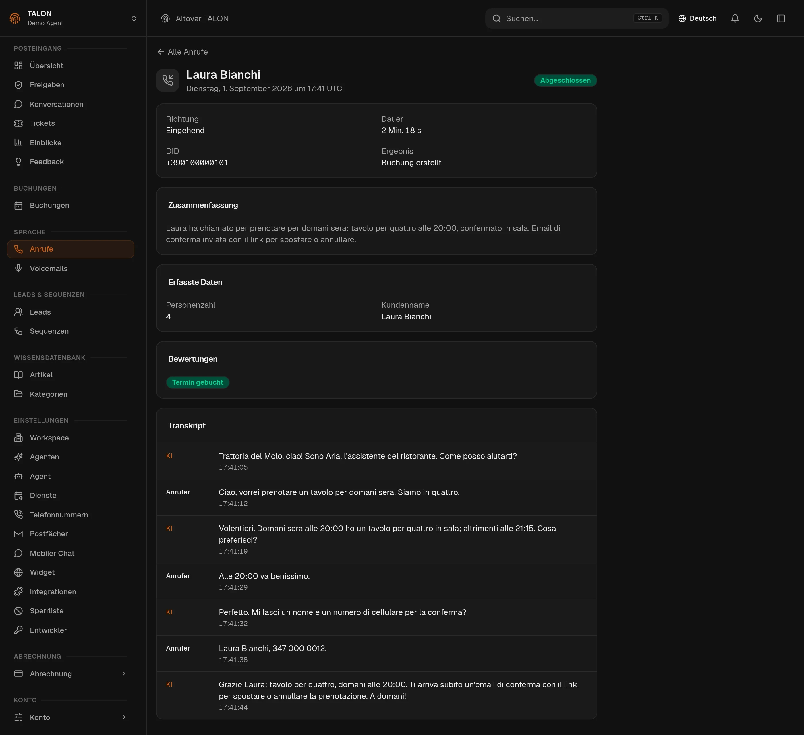 Ein Anrufdatensatz in der TALON-Konsole: die gesammelten Daten (Personenzahl und Kundenname), das Bewertungs-Badge „Appointment booked“ und das Transkript des Gesprächs zwischen Assistent und Anrufer.