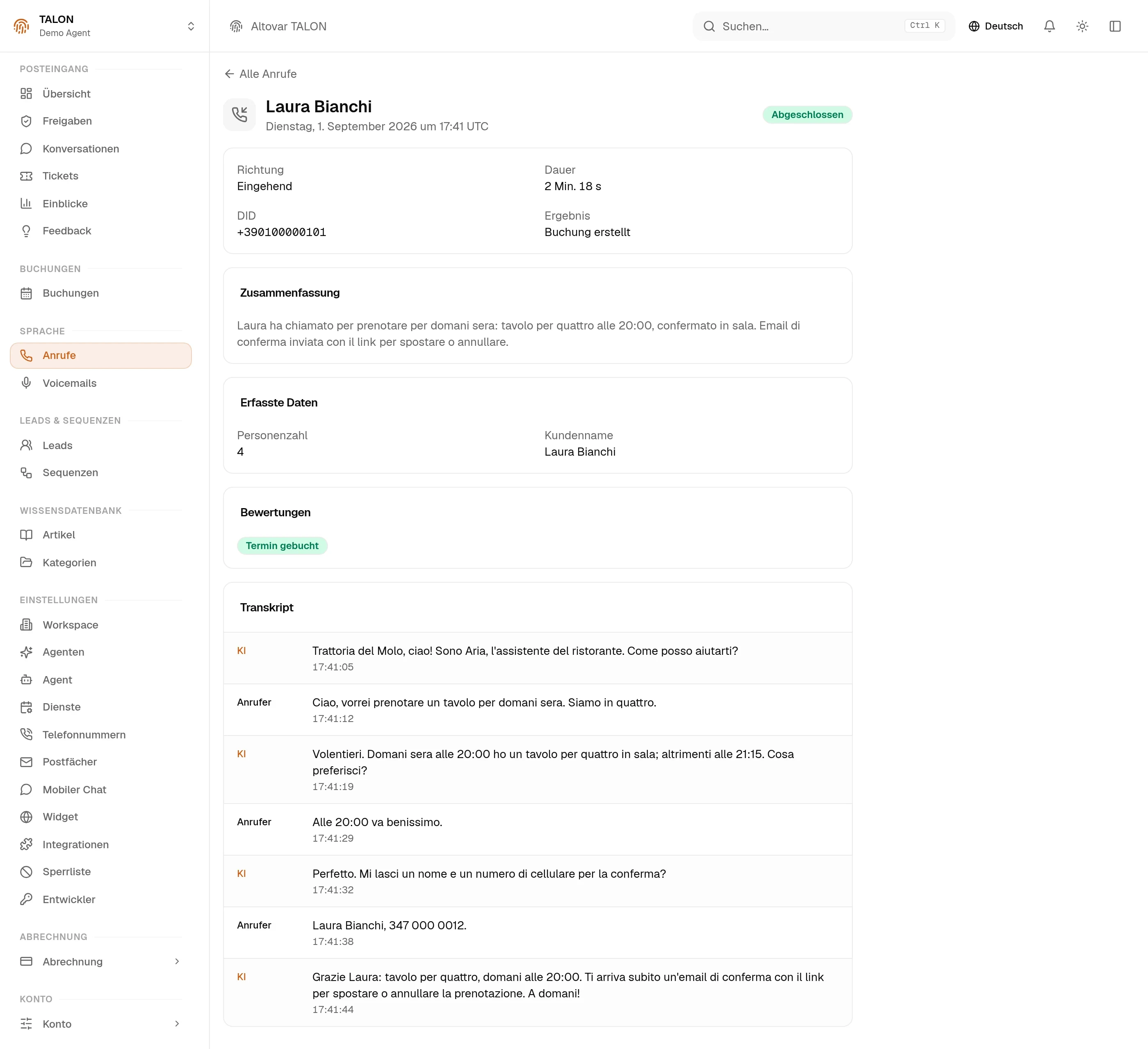 Ein Anrufdatensatz in der TALON-Konsole: die gesammelten Daten (Personenzahl und Kundenname), das Bewertungs-Badge „Appointment booked“ und das Transkript des Gesprächs zwischen Assistent und Anrufer.