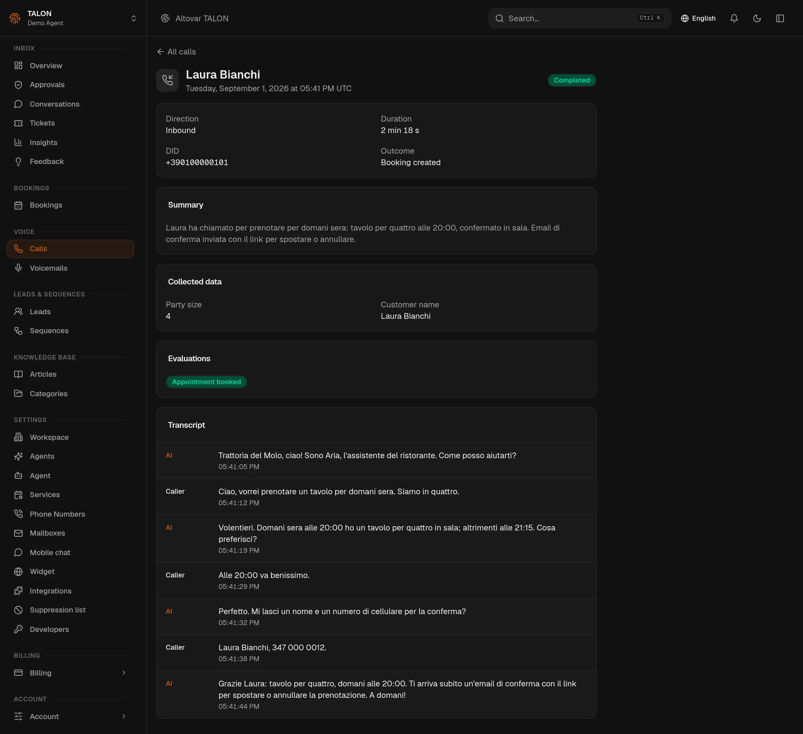 A call record in the TALON console: the collected data (party size and customer name), the evaluation badge “Appointment booked”, and the transcript of the exchange between the assistant and the caller.