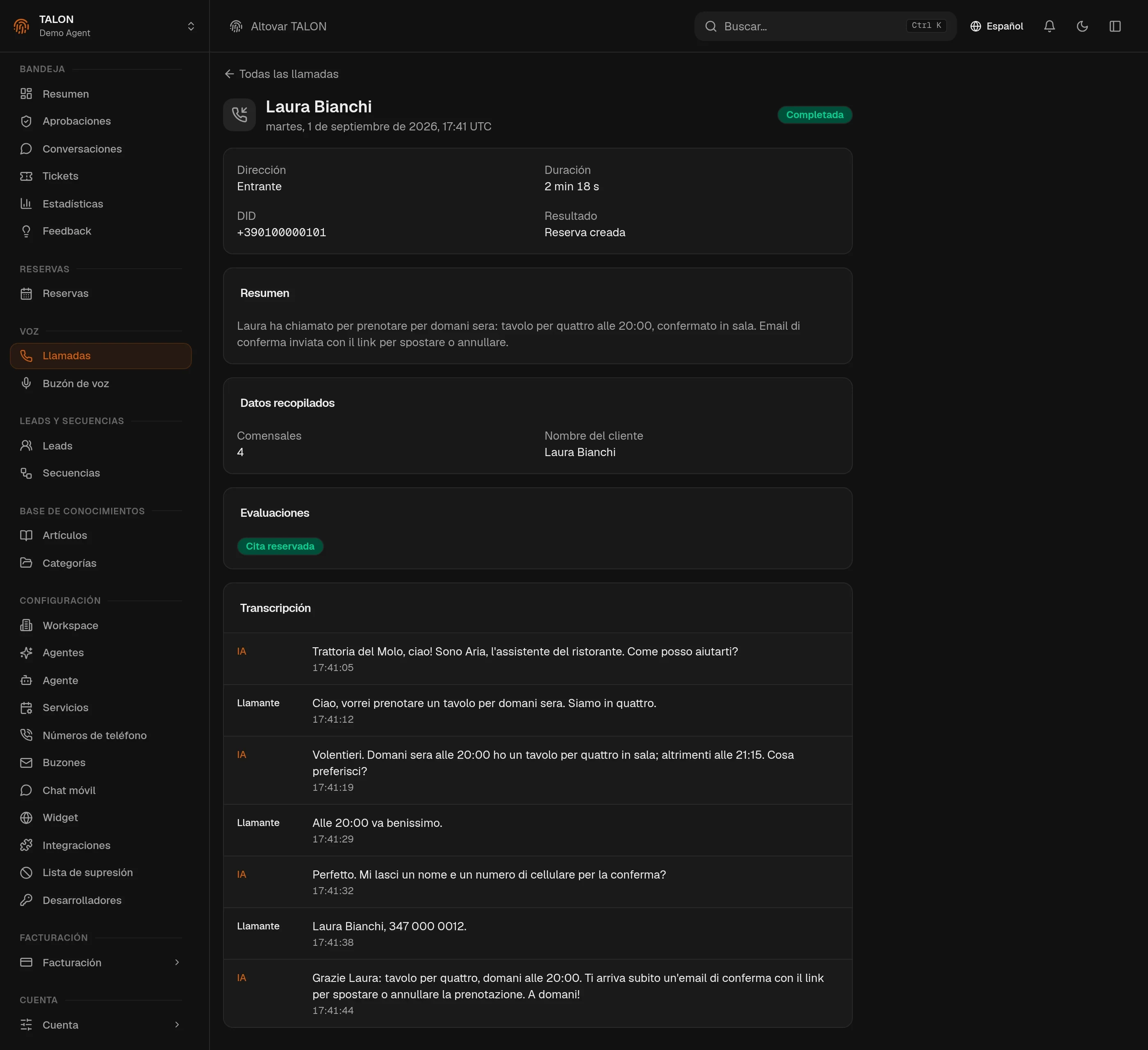 La ficha de una llamada en la consola TALON: los datos recogidos (número de comensales y nombre del cliente), la insignia de evaluación «Appointment booked» y la transcripción del intercambio entre el asistente y quien llama.