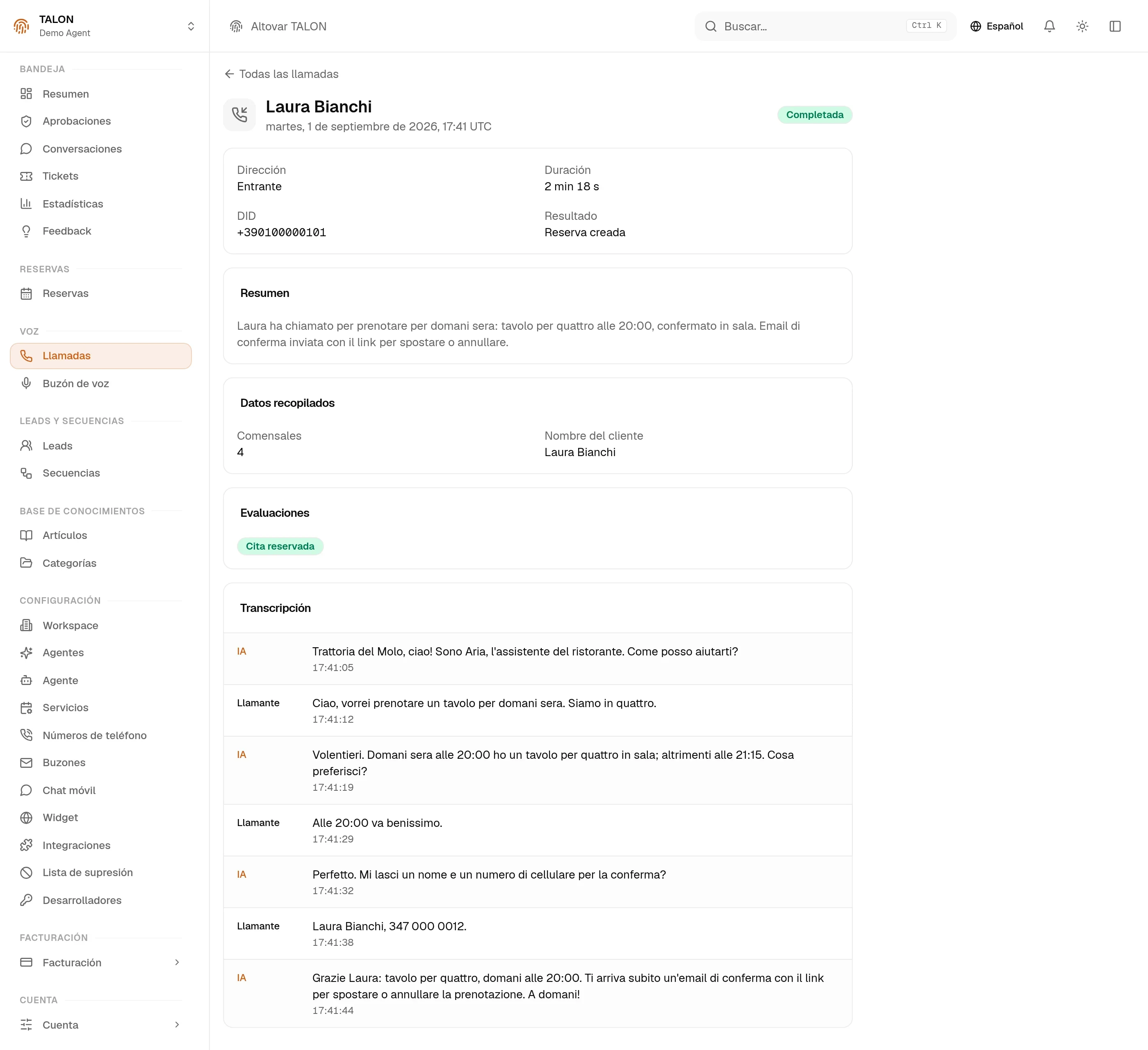 La ficha de una llamada en la consola TALON: los datos recogidos (número de comensales y nombre del cliente), la insignia de evaluación «Appointment booked» y la transcripción del intercambio entre el asistente y quien llama.