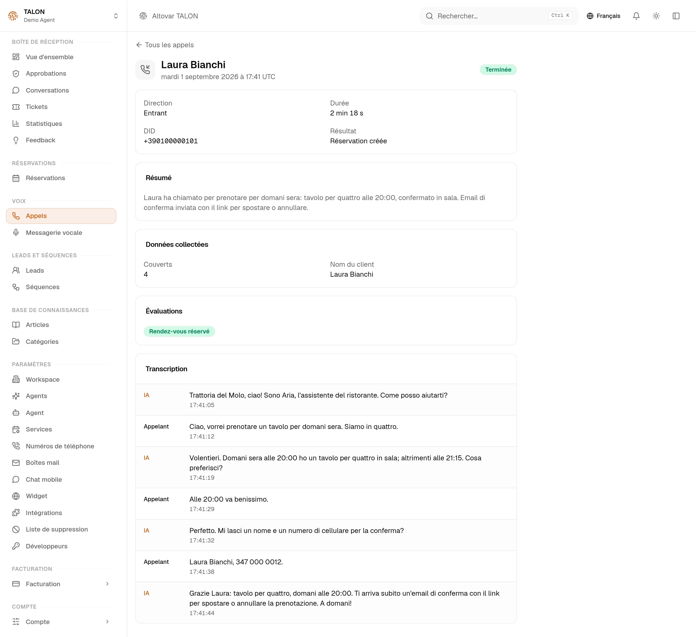 La fiche d’un appel dans la console TALON : les données recueillies (nombre de couverts et nom du client), le badge d’évaluation « Appointment booked » et la transcription de l’échange entre l’assistante et l’appelant.