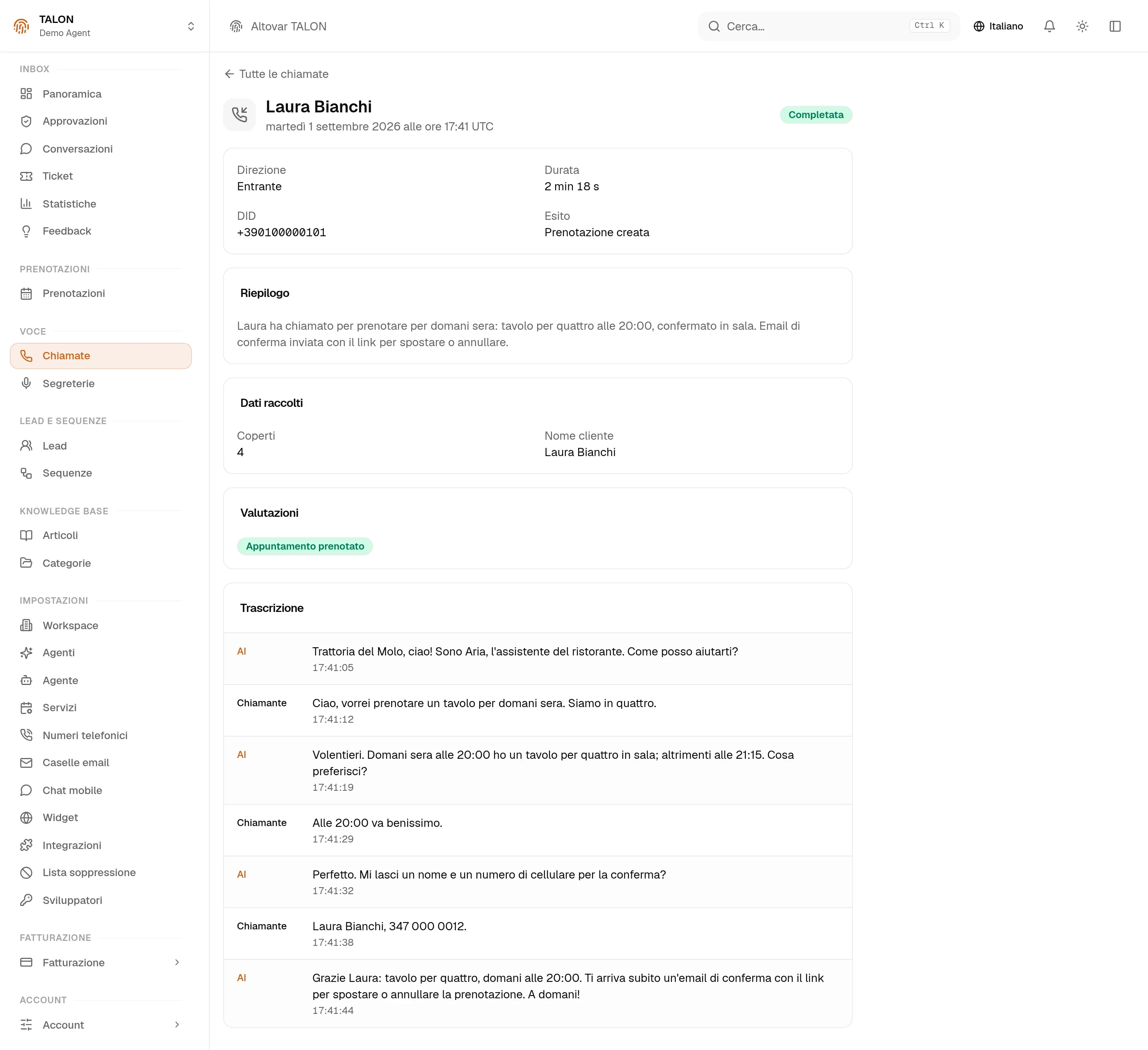 La scheda di una chiamata nella console TALON: i dati raccolti (numero di coperti e nome del cliente), il badge di valutazione «Appointment booked» e la trascrizione dello scambio fra l’assistente e chi chiama.