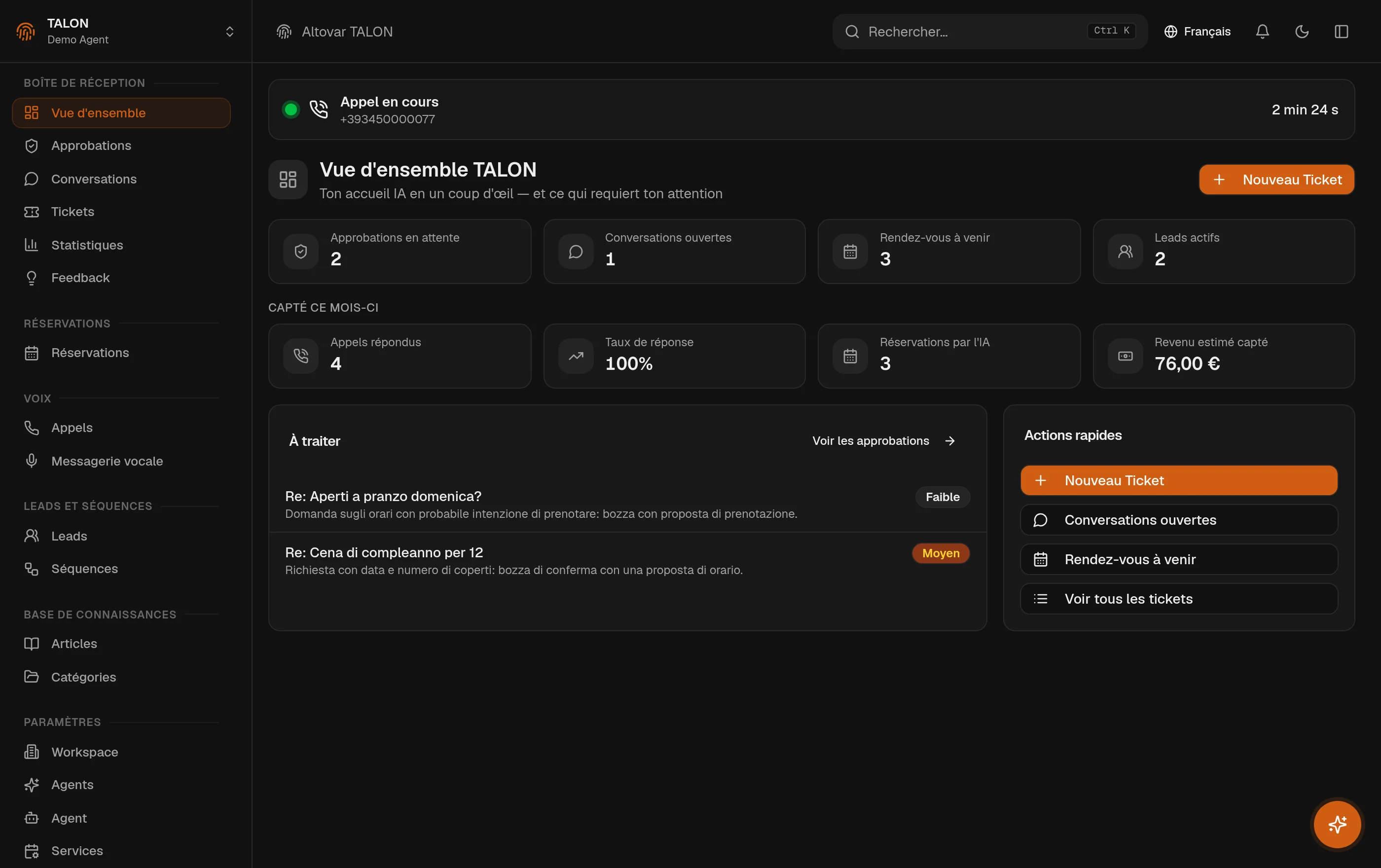 Le tableau de bord de la console TALON en thème sombre : un bandeau d’appel en cours avec le chrono qui tourne, des cartes pour les approbations en attente, les conversations ouvertes, les réservations à venir et les leads actifs, et les chiffres du mois — appels pris, taux de réponse, réservations faites par l’IA, chiffre d’affaires estimé capté.
