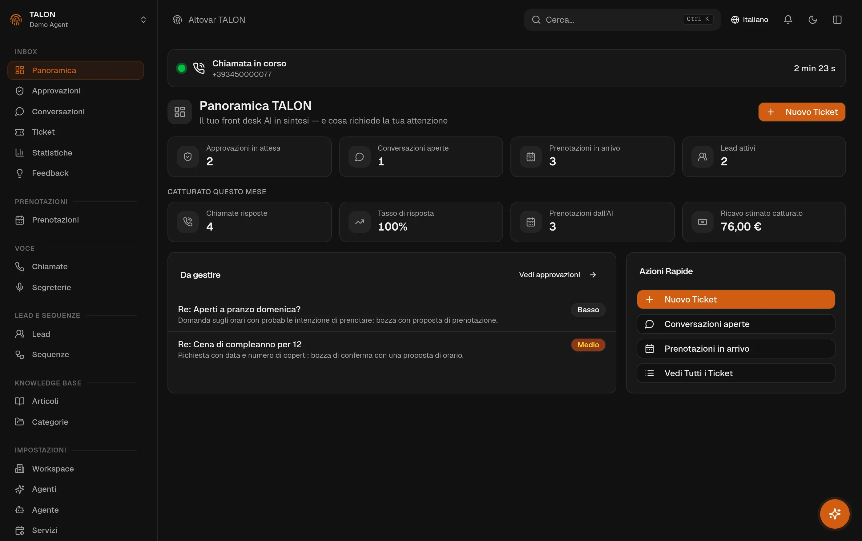 La dashboard della console TALON in tema scuro: il banner di una chiamata in corso con il timer che corre, i riquadri di approvazioni in attesa, conversazioni aperte, prenotazioni in arrivo e lead attivi, e i numeri del mese — chiamate risposte, tasso di risposta, prenotazioni fatte dall’AI, ricavo stimato.