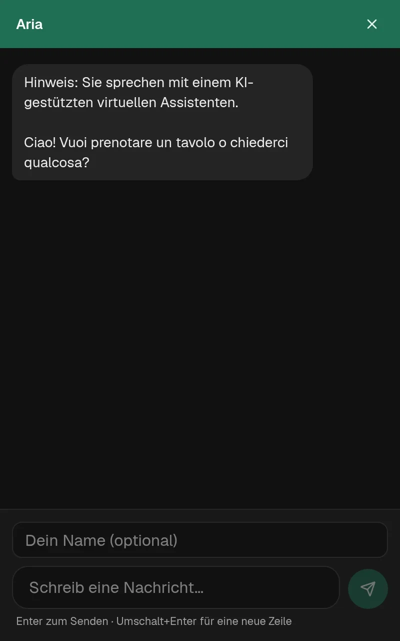 Das TALON-Chat-Widget, geöffnet, in der Markenfarbe des Demo-Workspace: eine Kopfzeile namens „Assistente“, der verpflichtende KI-Hinweis, eine Willkommensnachricht und das Eingabefeld.