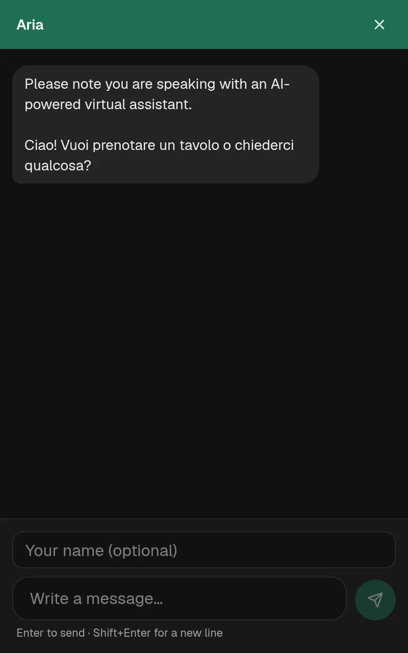 The TALON chat widget, open, in the demo workspace’s brand colour: a header named Assistente, the mandatory AI disclosure, a welcome message and the message box.