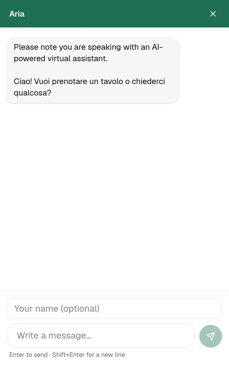 The TALON chat widget, open, in the demo workspace’s brand colour: a header named Assistente, the mandatory AI disclosure, a welcome message and the message box.