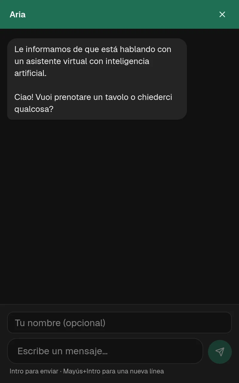 El widget de chat de TALON, abierto, en el color de marca del espacio demo: una cabecera llamada «Assistente», el aviso obligatorio de IA, un mensaje de bienvenida y el cuadro para escribir.