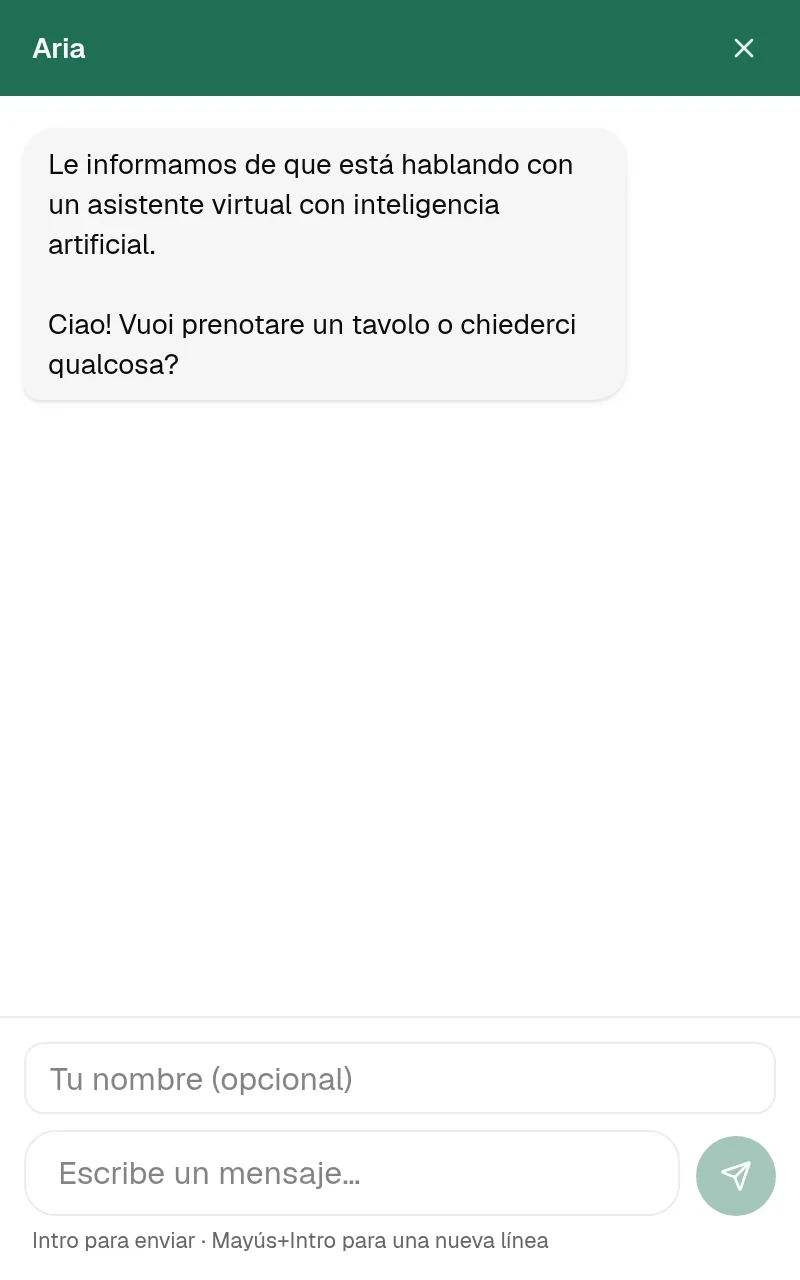 El widget de chat de TALON, abierto, en el color de marca del espacio demo: una cabecera llamada «Assistente», el aviso obligatorio de IA, un mensaje de bienvenida y el cuadro para escribir.
