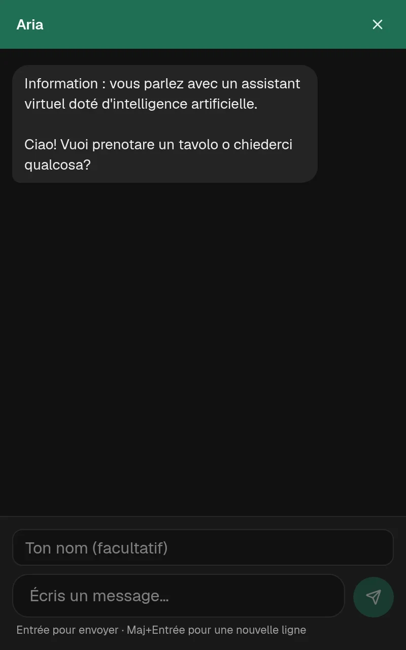 Le widget de chat TALON, ouvert, dans la couleur de marque de l’espace de démo : un en-tête nommé « Assistente », la mention IA obligatoire, un message d’accueil et la zone de saisie.