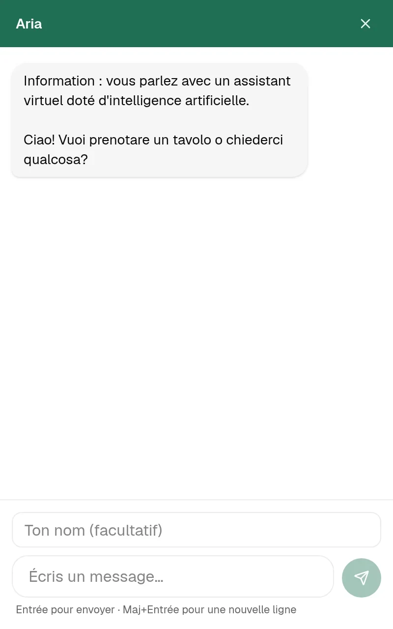 Le widget de chat TALON, ouvert, dans la couleur de marque de l’espace de démo : un en-tête nommé « Assistente », la mention IA obligatoire, un message d’accueil et la zone de saisie.