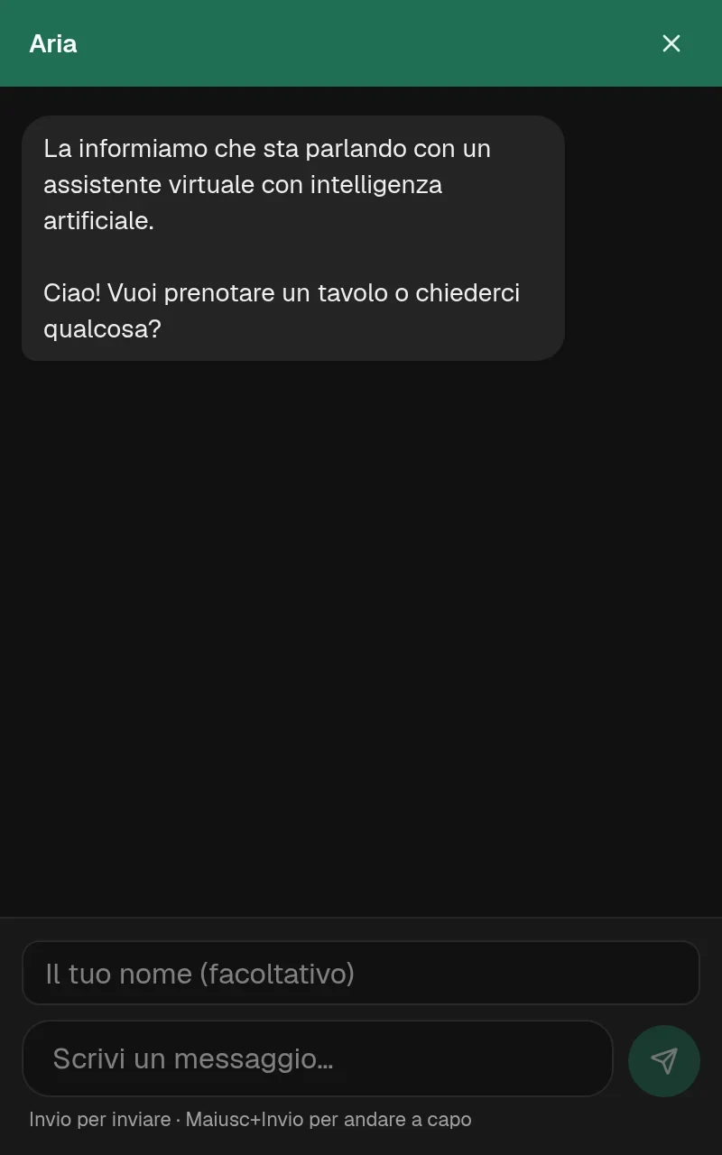 Il widget chat di TALON, aperto, nel colore del marchio dello spazio demo: l’intestazione «Assistente», la disclosure AI obbligatoria, il messaggio di benvenuto e la casella per scrivere.