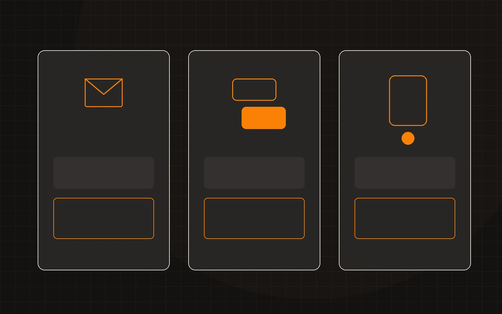 Three written channels side by side: email, messaging and site chat, each with a draft frame.