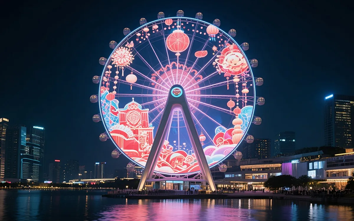Mesh LED film wrapping a landmark structure at night