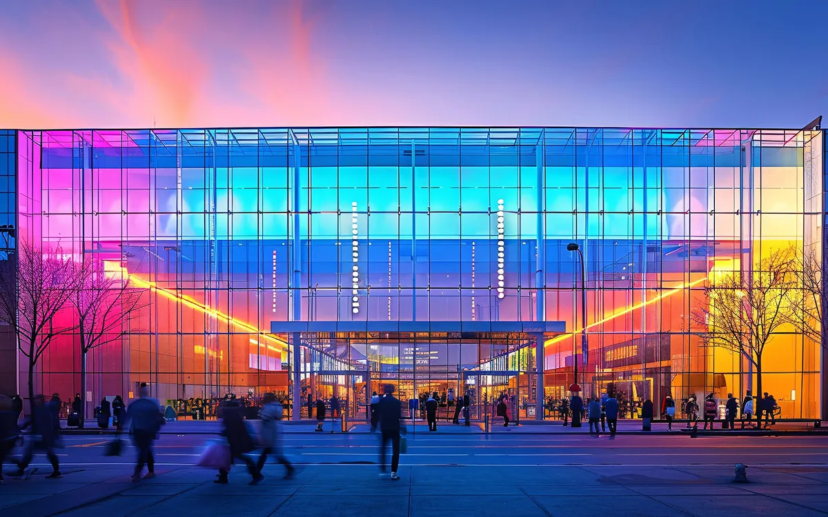 Curtain wall running full-colour content while remaining transparent